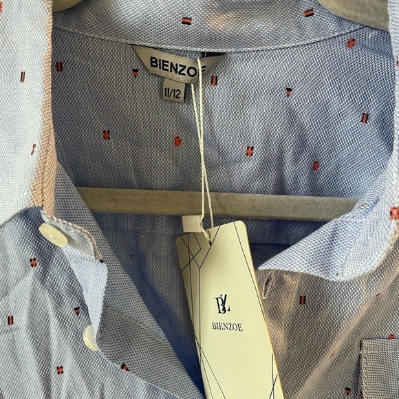 NWT Bienzoe, boys 11/12, cotton blend blue printed button up dress shirt - Picture 4 of 6